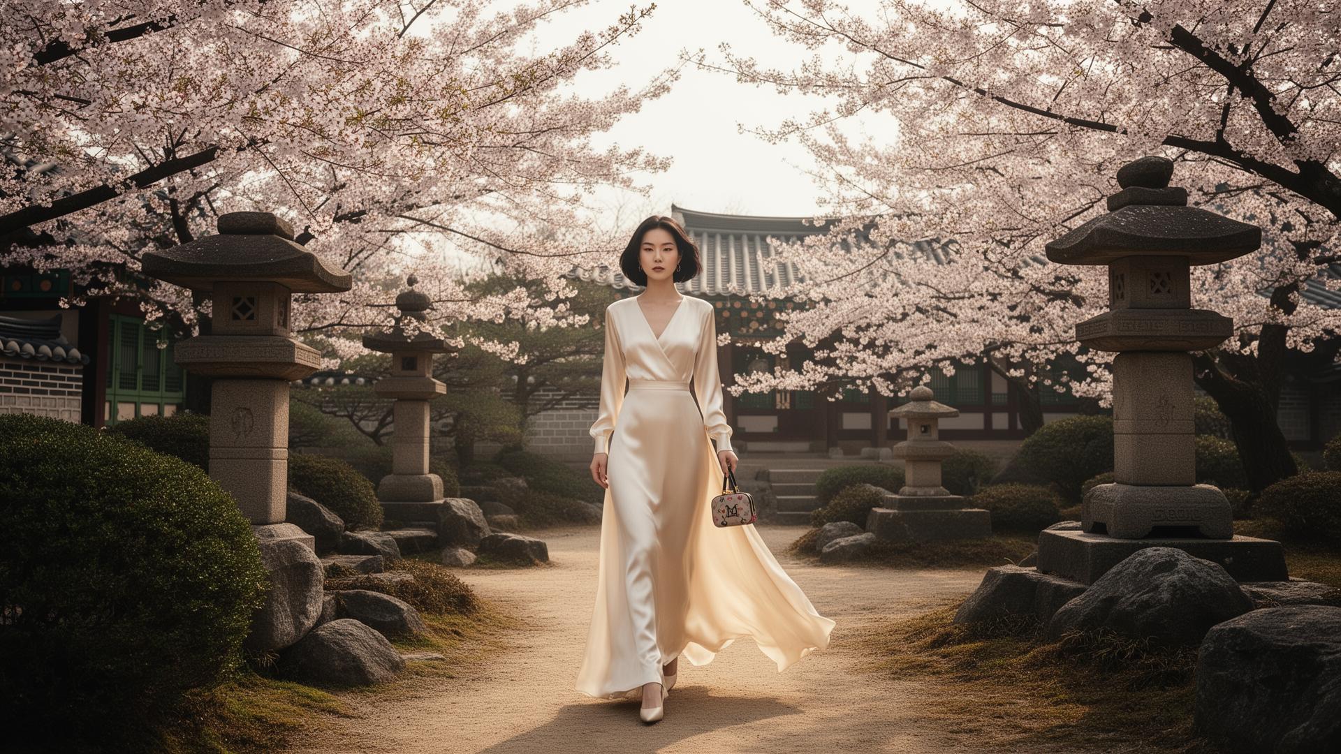 A model in silk walking through a Korean garden in cherry blossom season