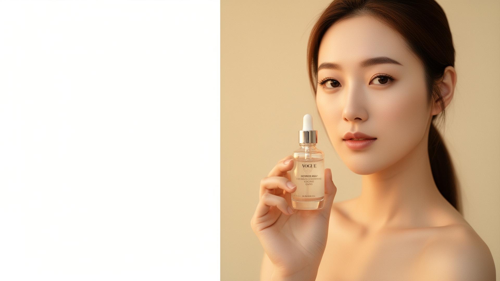 A model holding a Korean luxury serum bottle in warm cream light